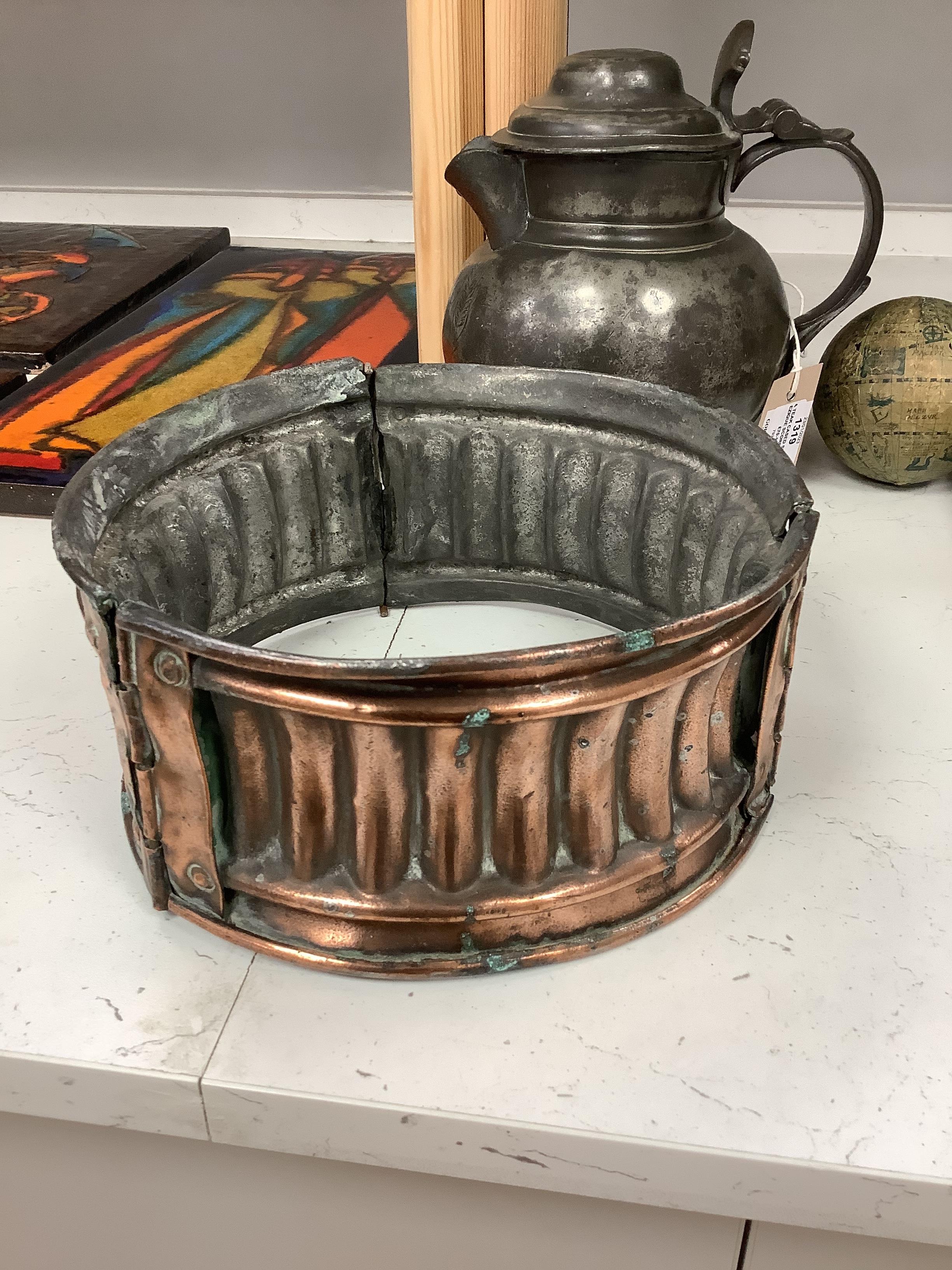 An unusual Victorian copper pie-mould, teak cased set of Bezique scorers, a brass link chain, a 19th century pewter pitcher, an Art Nouveau oil lamp, and two other items